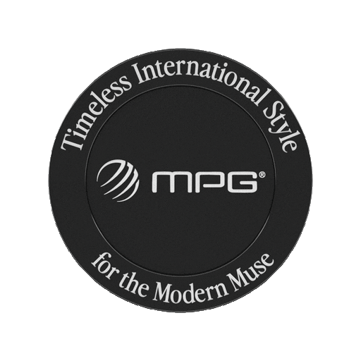 Rotating black coin reading Timeless International Style for the Modern Muse with the MPG logo in the centre.