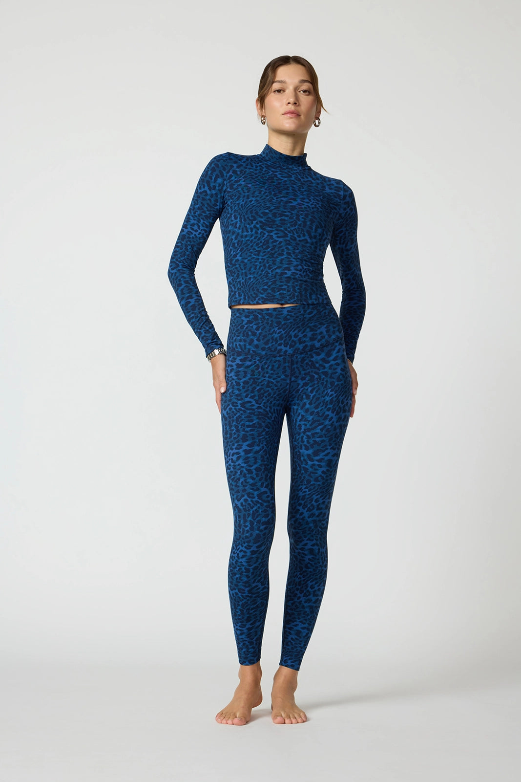 Printed Mock Neck Long Sleeve Top - Navy Blazer Leopard